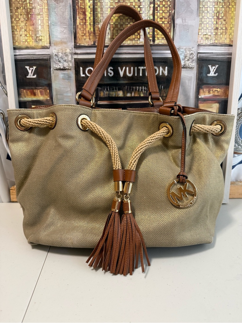 Michael Kors Tan Canvas Tote with Brown Leather Trim and Tassel